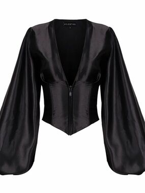 Black Satin Long Sleeve Corset Blouse - KILENTAR